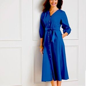Talbots Midi Shirtdress Royal Blue V-Neck Tie Waist 100% Cotton Poplin 18WP